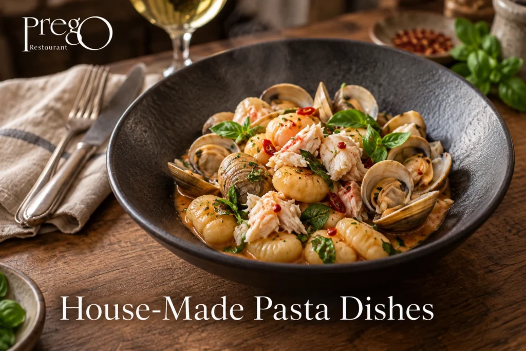 House-made gnocchi with vongole, crab, basil and chilli in rosé sauce at Prego Restaurant, Floreat